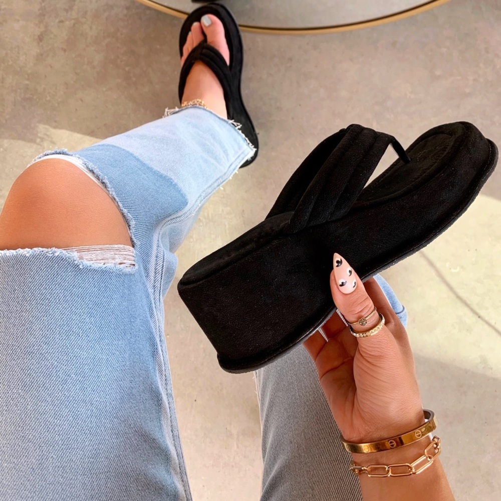 Black faux suede platform sandal